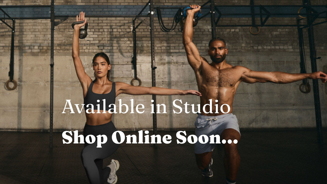 Two people working out in Vuori gear. The clothing is sold in studio at Prana Hot Yoga in Fredericton