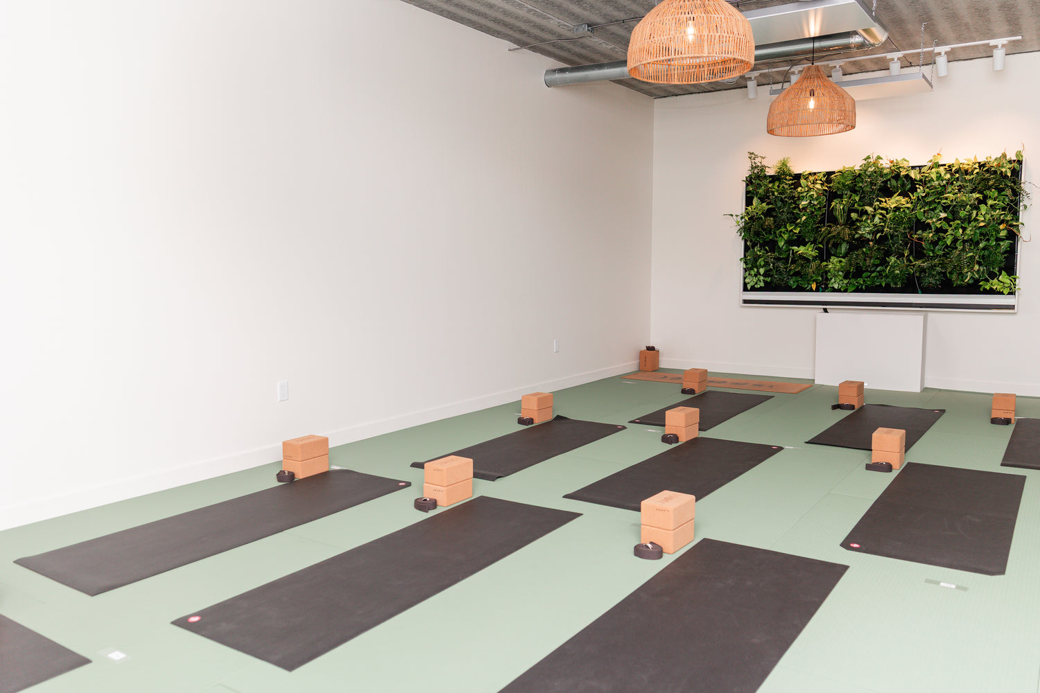 Empty yoga studio at Prana Fredericton with mats and blocks set up facing a living plant wall