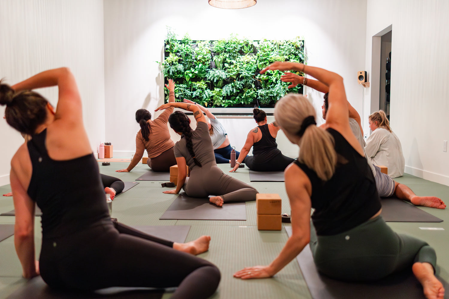 Group seated side stretch in Prana Fredericton facing a living plant wall, welcoming beginners