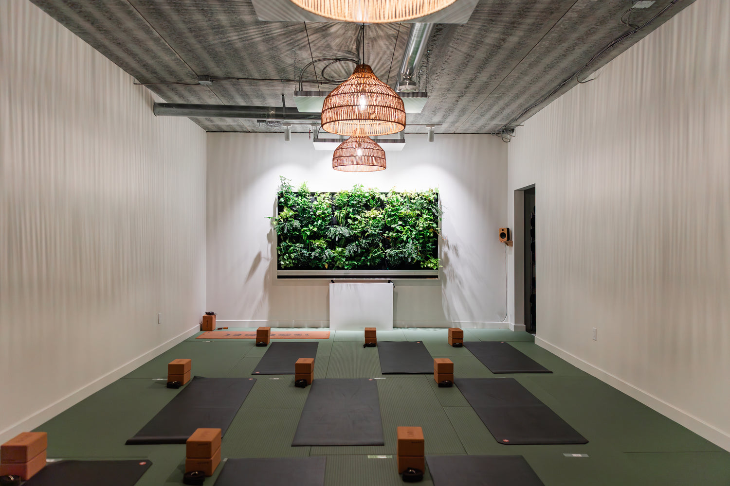 Interior of Prana Hot Yoga studio in Fredericton showing yoga mats, blocks, and living botanical wall ready for class"